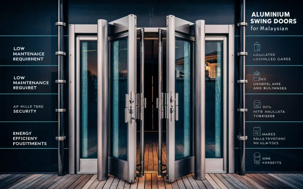 Aluminium swing door showcasing durability, low maintenance, energy efficiency, and security features, ideal for Malaysian homes and businesses.