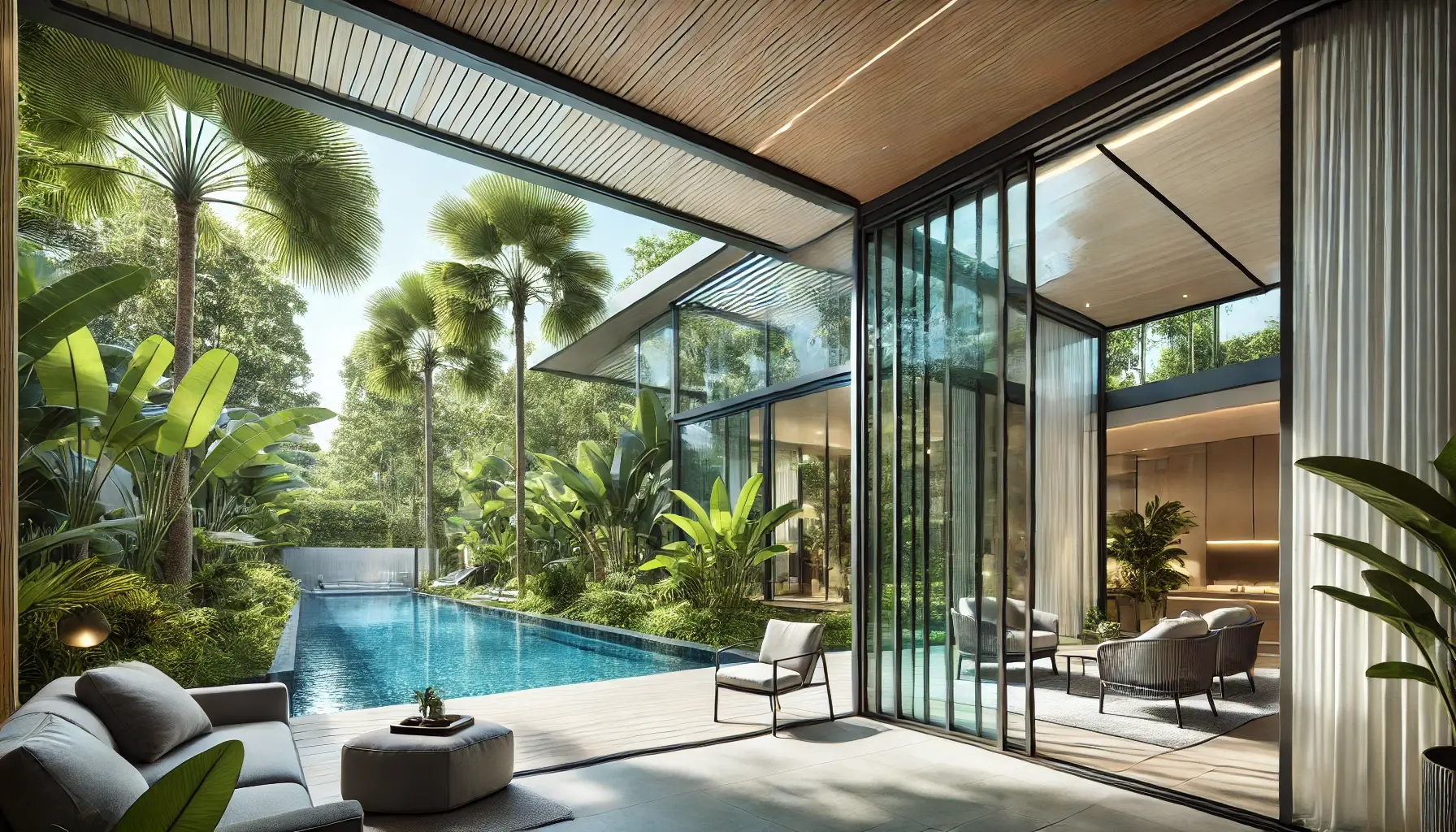 Sleek outdoor multi sliding door in a modern Malaysian home, seamlessly connecting indoor and outdoor spaces with natural light and ventilation.